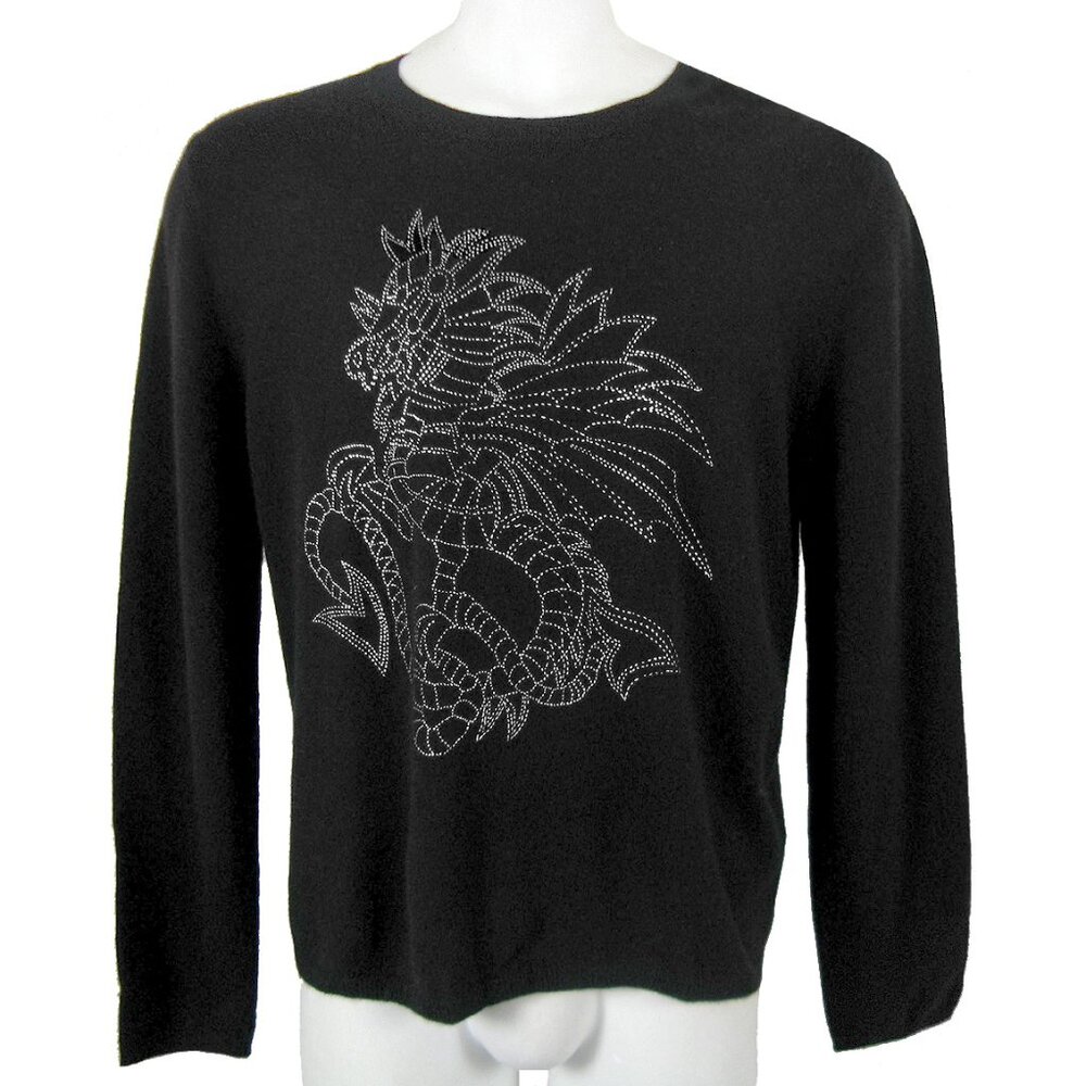 NEW $335 Neiman Marcus Cashmere Sweater! Black  Glittery Silver Design  Slim Fit